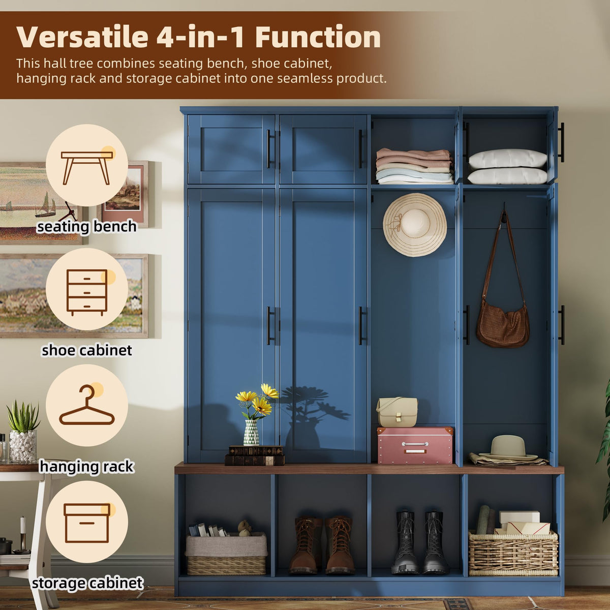 Hall Tree with Entryway Bench and Shoe Cabinet, Multi-Functional Seating Bench with 4 Hanging Hooks and 8 Doors, Blue