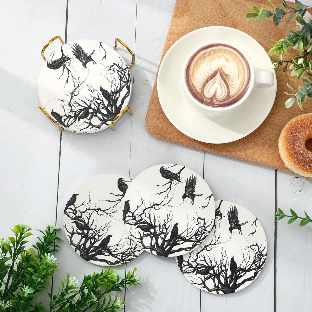 6Pcs Halloween Coasters with Holder Silhouette Tree Crows Drink Coasters Branches Black Ceramic Cup Mats for Party Home Office Table Decor