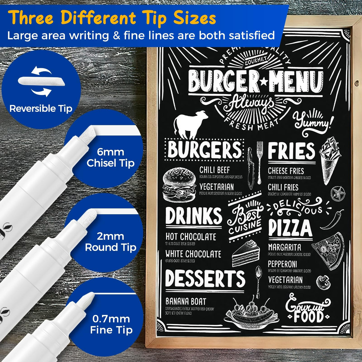 SFAIH White Liquid Chalk Markers for Blackboard, Glass - [Wet Wipe No Residue] 8 Pack- (4x) 2mm/4mm Reversible & (4x) 0.7mm Fine Tip, Ultra Flow Triple-Tips - Menu, Bistro, Signs, Windows, Food Labels