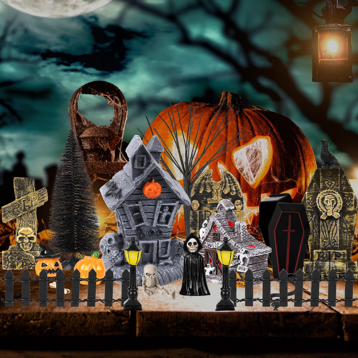 88 PCS Halloween Village Accessories Set Halloween Haunted Houses Village Miniatures Ornaments with Pumpkins Ghost Tombstones Tree Fake Spiders Fence Streetlamp Figurines for Party Home Table Decor