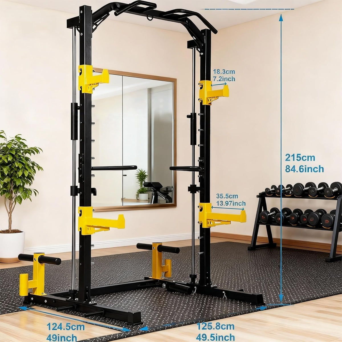 Fitvids Smith Machine Power Cage, 2000lb Multi-Function Squat Rack with Weight Plate Storage, J Hooks, T-Bar Row Platform & Multiple Grip Handles for Home Gym Strength Training