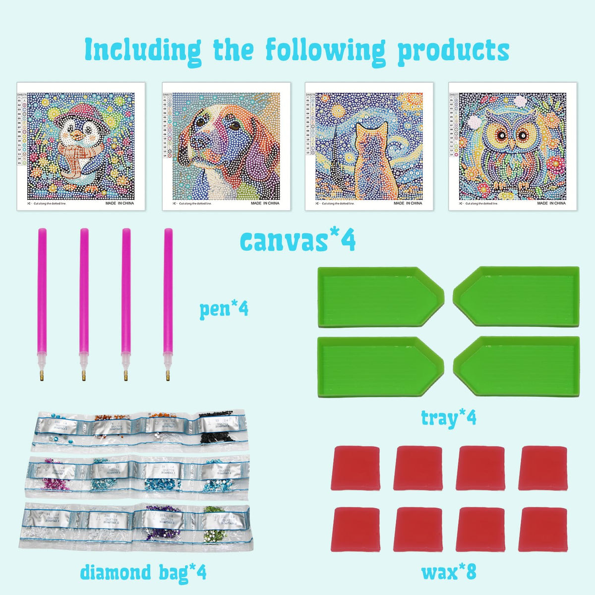 Libfx Diamond Art Kits for Kids 4 Pcs Diamond Art for Girls Boys Beginners Arts and Crafts for Kids Ages 8-12 (Dog Cat Penguin Owl)