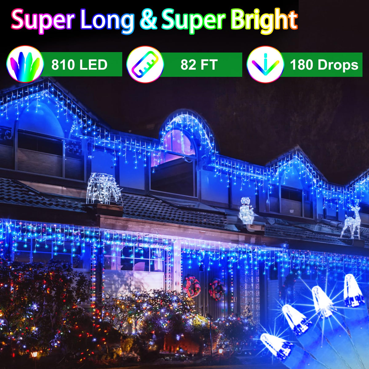 WUXYIYANG 82FT 810 LED Outdoor Christmas Lights - 180 Ice Drops, 12 Pro Modes with Timer Memory & Brightness, Waterproof Hanging Ice String Light for Holiday Wedding Garden Fence House Decor (Blue)