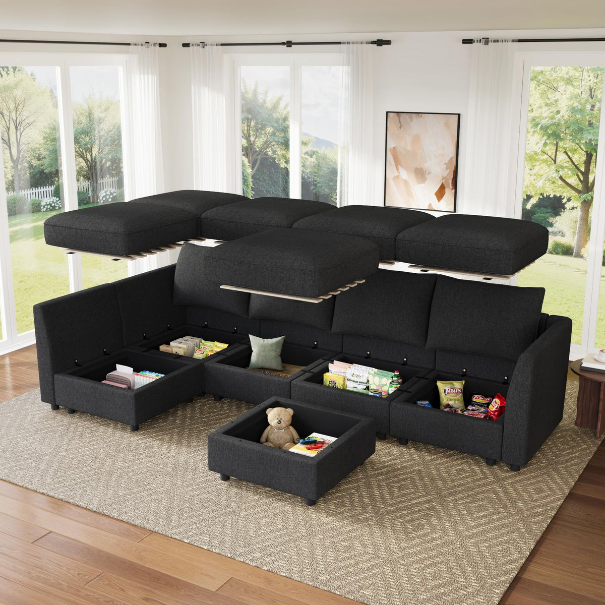 HONBAY Modular Sectional Couch L Shaped Sectional Sofa with Storage, Convertible Couches for Living Room - Linen Grey