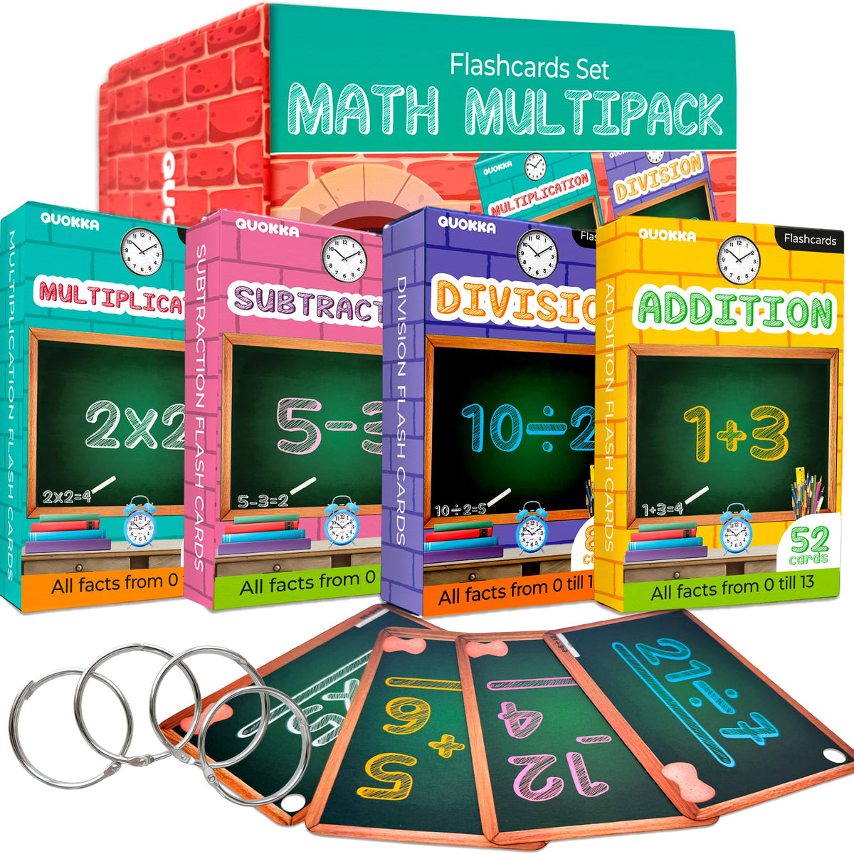 QUOKKA Math Flash Cards for Kids Ages 4-8 - Addition and Subtraction, Multiplication and Division Games for Kids 5-7 - 278 Double-Sided Flashcards for Studying - Large Bold Fonts - Flash Card Rings
