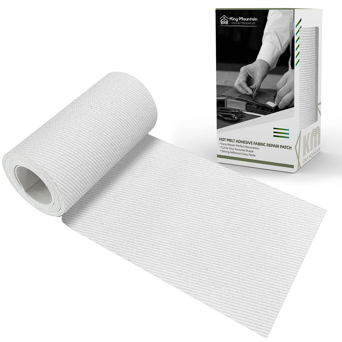 KING MOUNTAIN 100% Cotton Fabric Iron-on Repair Patch, Inside&Outside Clothes Repair Patch, 3"x60" with Backing Glue Repair Decorative Patch kit (White)
