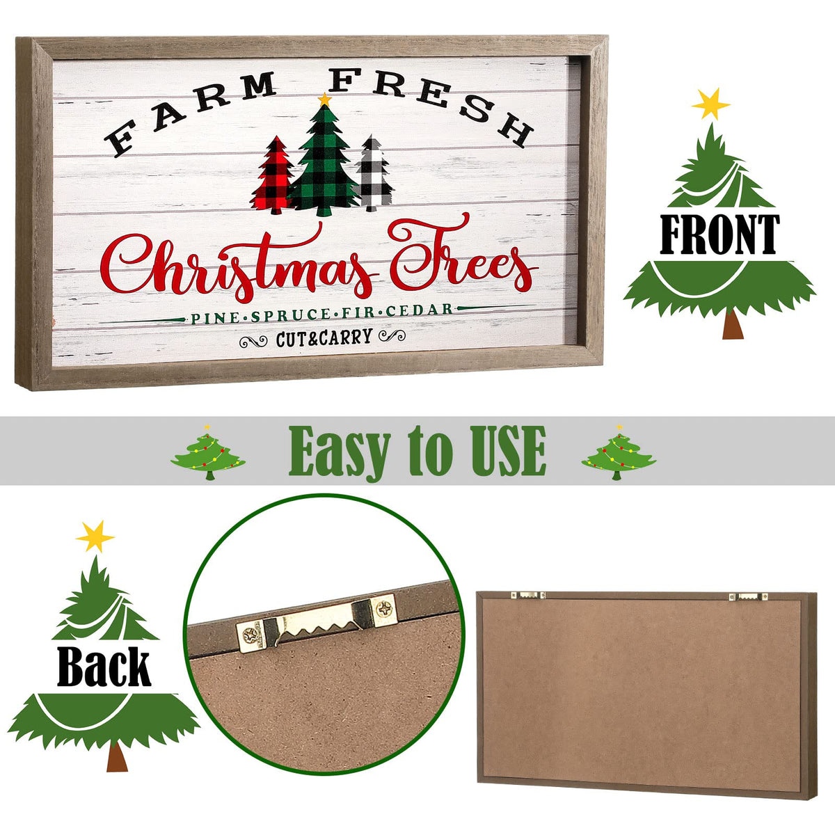 Christmas Signs Farm Fresh Christmas Trees Wood Sign Rustic Farmhouse Holiday Decor with Wooden Frame Buffalo Plaid Xmas Winter Hanging Wall Decor for Home Party Living Room Fireplaces Table Decor