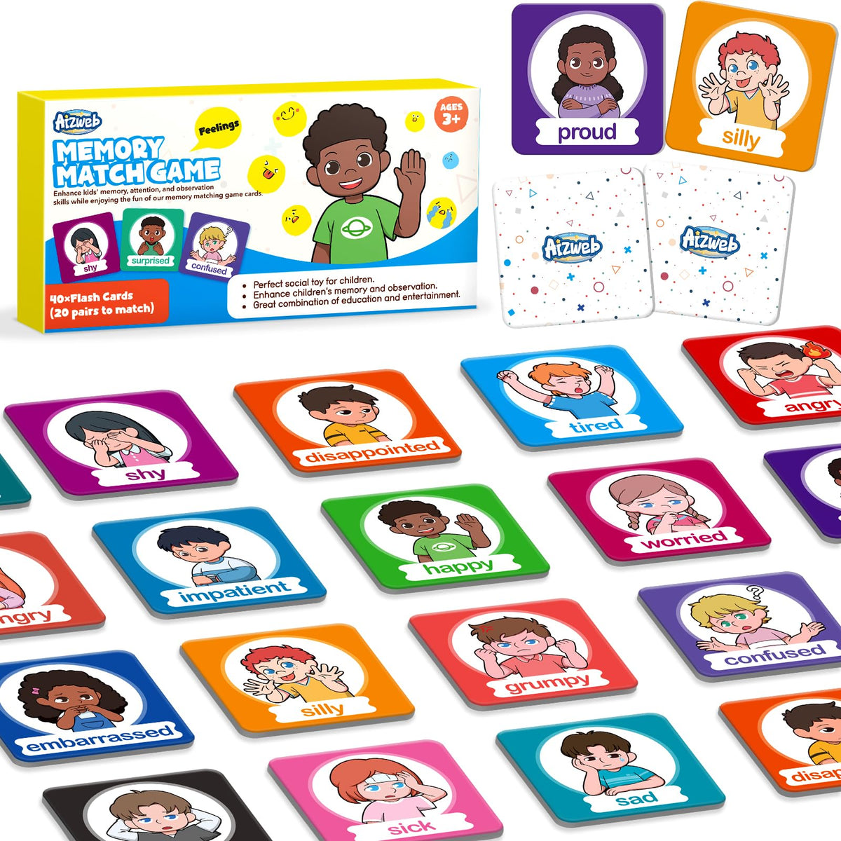 Aizweb Feelings Emotions Match Game,Memory Game,Social Emotional Learning Activities,Toddler Baby Flash Cards,Calm Down Corner Supplies,Educational Toys for Pre K Preschool Kindergarten Autism ADHD
