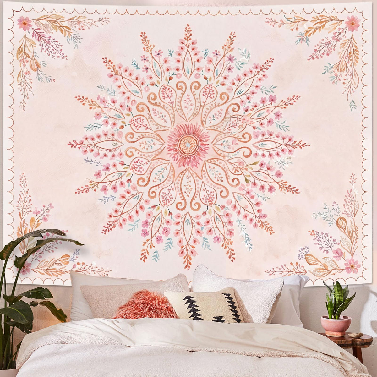 Lunerfex Floral Mandala Tapestry Boho Tapestry for Bedroom Pink Tapestries Wall Hanging Living Room Wall Art and Home Decor 70x90