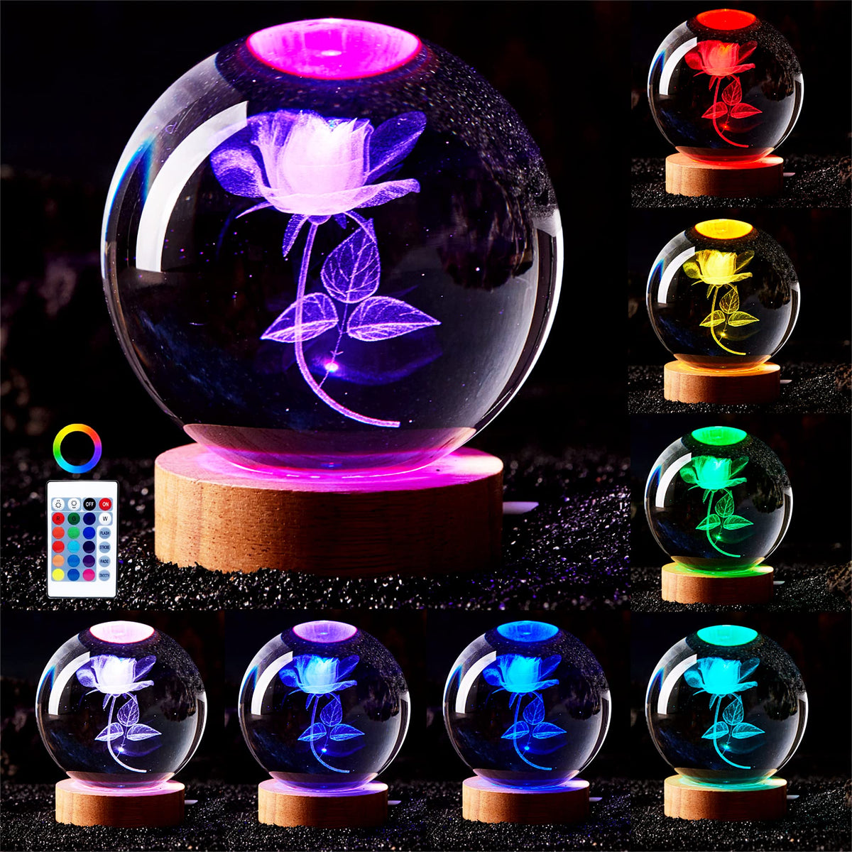 3D Rose Crystal Ball Lamp,3.15 inch Crystal Ball Night Light with Wooden Base,16 Colors Changing Light,Dimmable Remote Control,Rose Flower Desk lamp (G)