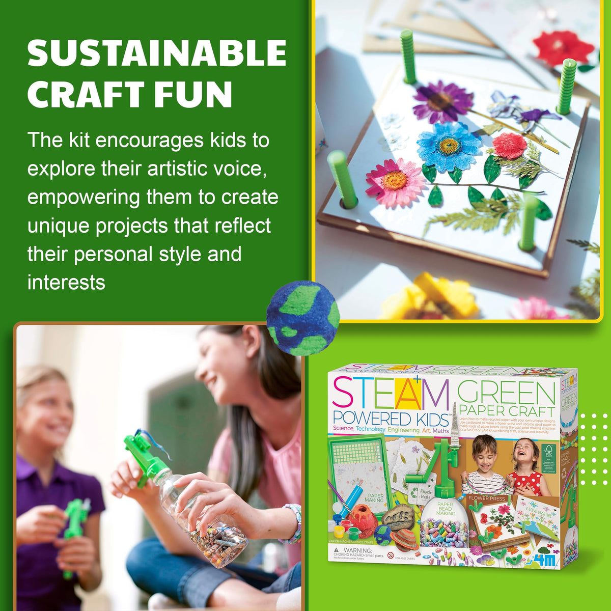 4M - STEAM Green Paper Crafts - Make Recycled Papers, Flower Pressing Art - Eco-Friendly STEAM Craft Paper Kit for Kids Ages 5+ - Learn Sustainability Through Creative Activities