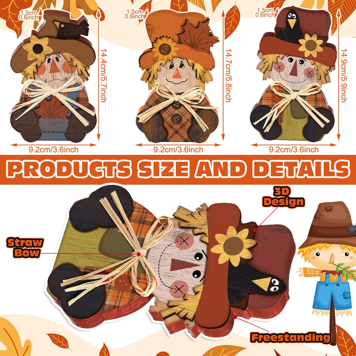 Ferraycle 3 Pcs Thanksgiving Scarecrow Decor Fall Decor Farmhouse Sign Rustic Tiered Tray Decorations Table Centerpieces Standing Pumpkin Turkey Wooden Block Sign for Home Kitchen(Scarecrow)