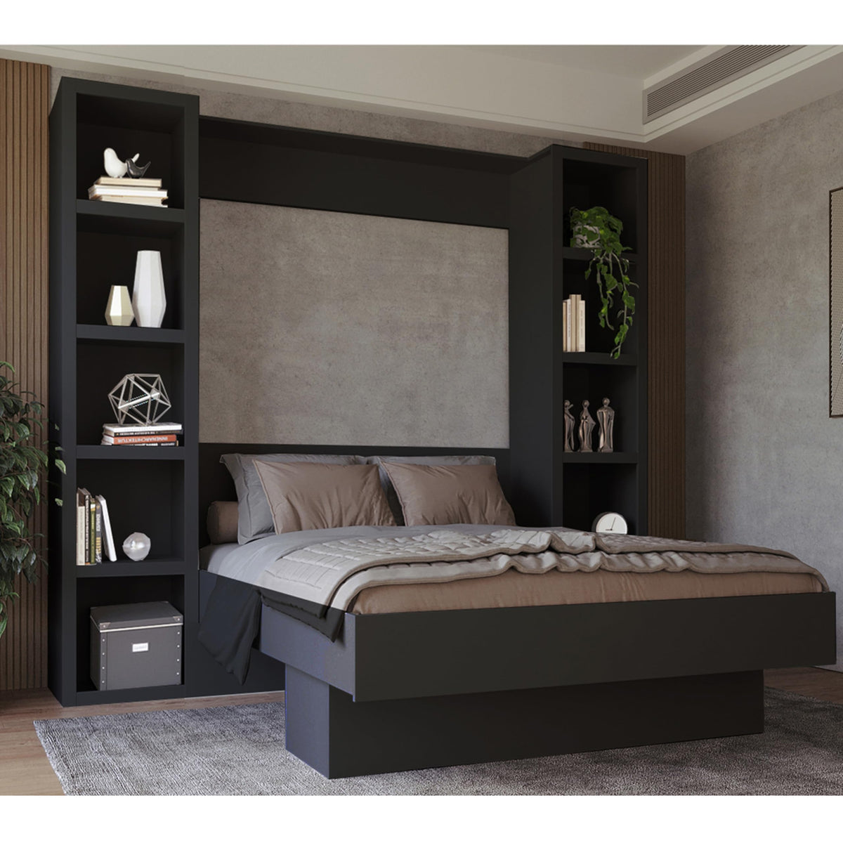 Oakland Living Easy-Lift Queen Murphy Wall Bed in Black with Two Bookshelves