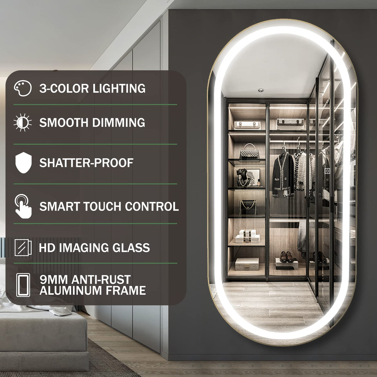 FENNIO 70" x 32" Large Luxury Wall Mounted Mirror with LED Lights - Oval Full Length LED Lighted Full Body Dressing Mirror for Bedroom, Salon, Brushed Aluminum Frame, Tempered Glass