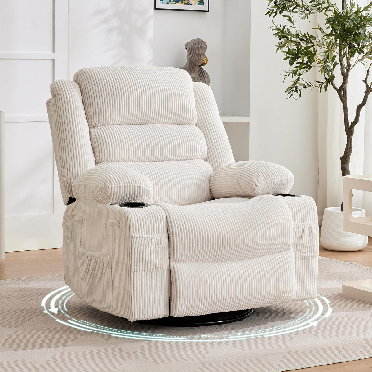 Rocking Recliner Chair for Adults Wide 360° Swivel Rocker Recliner with Cup Holder Nursery Glider with Upholstered Deep Seat Corduroy Lazy boy Chair for Living Room Beige