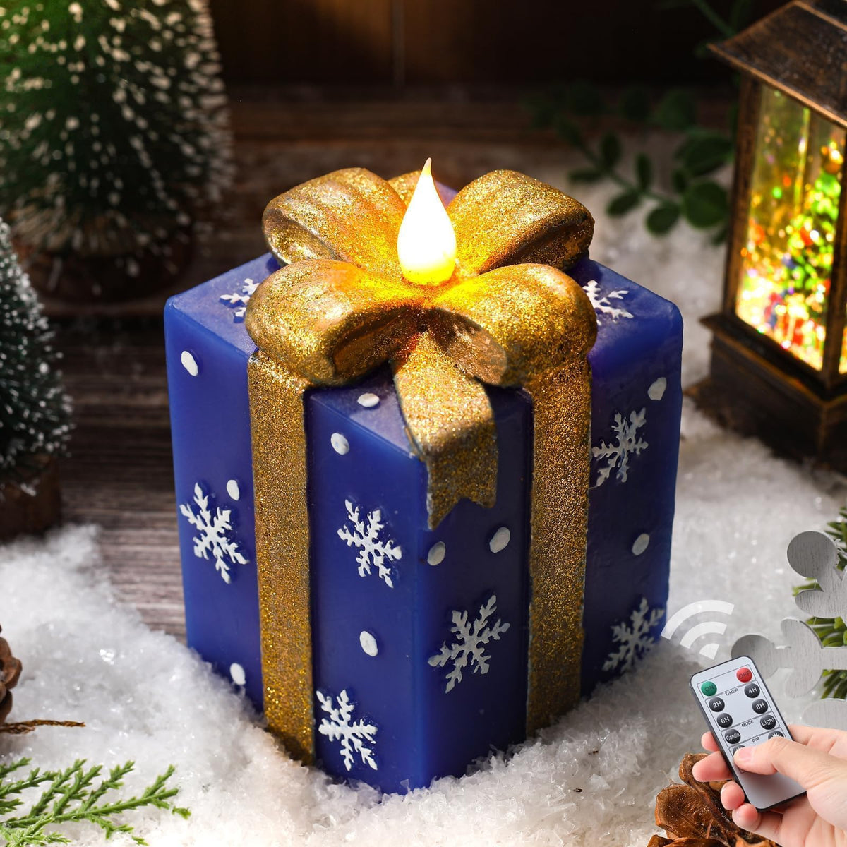 LCZLUMIPRO Christmas Flameless Gift Box Candle Hand-Painted Real Wax LED Candle with Remote Timer Battery Operated Blue Gold Decor for Xmas Tree Skirt Ornament Table Outdoor Indoor Holiday