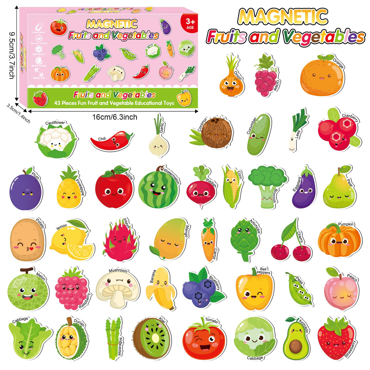 Fecheche Large Size Cute Fridge Magnets for Toddlers, Preschool Spelling Learning Education Refrigerador Magnetic Toy (Fruits Vegetables 43pcs)