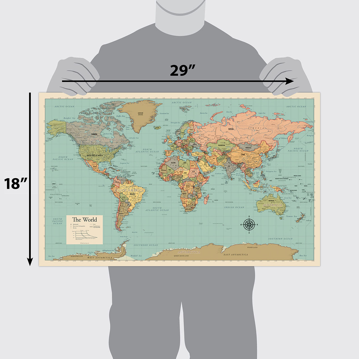 2 Pack - World Map Poster & USA Map Chart [Tan/Color] (LAMINATED, 18” x 29”)