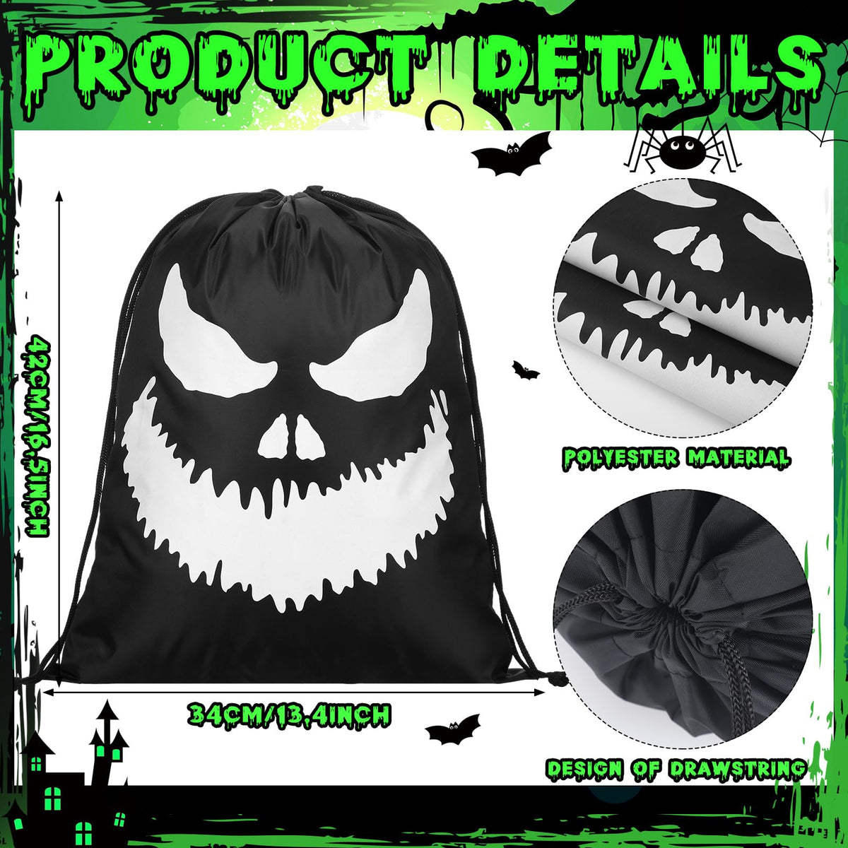 Kingdder 2 Pcs Halloween Glow in The Dark Ghost Bag 16.5 x 13.4 Inch Treat Bags with Drawstrings Cloth Candy Sack Luminous Reusable Tote Bags for Halloween Party Favors Supplies Gift (Fierce)