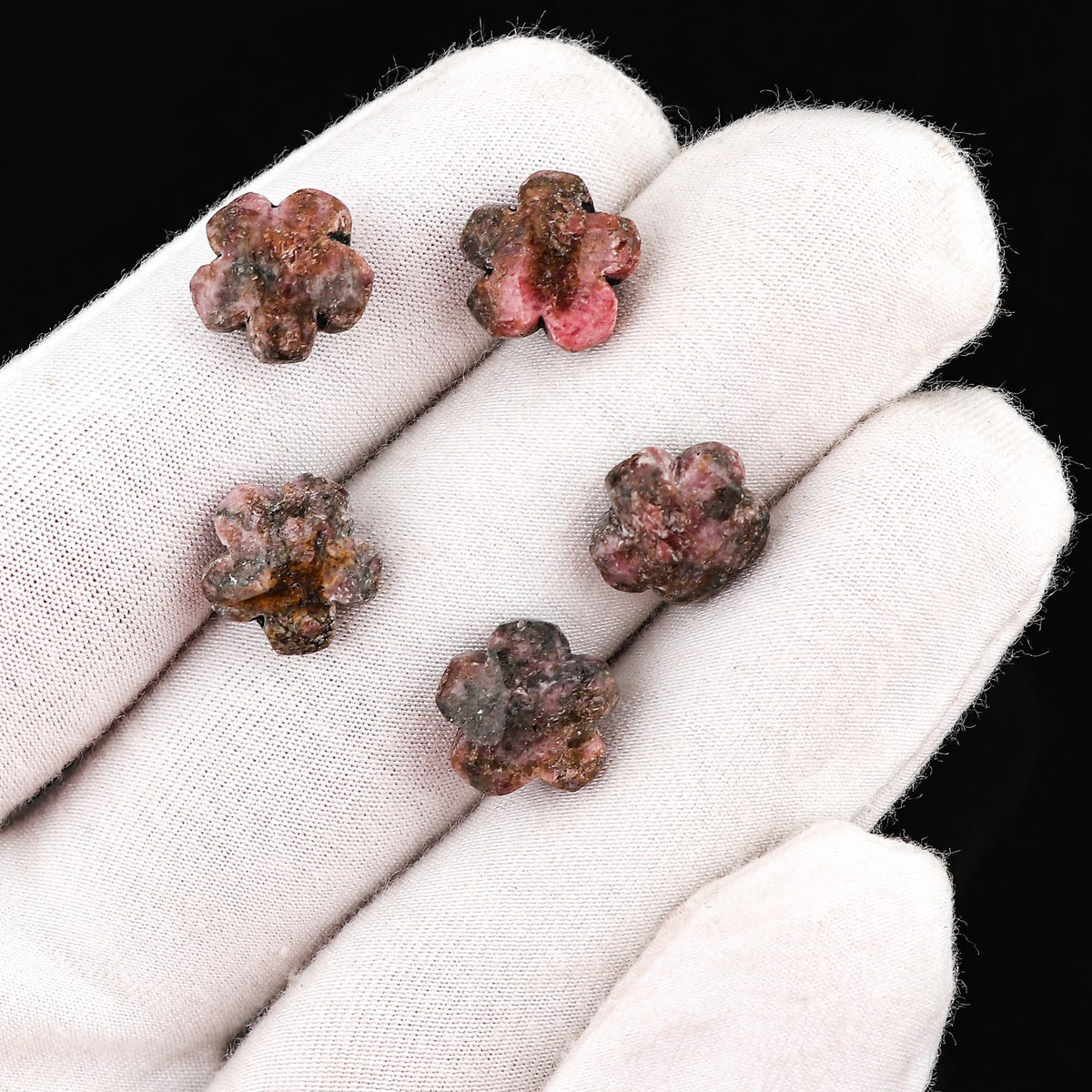 CRYSTALINES 5pcs, Wholesale Natural Rhodonite Gemstones, Bulk Flower Shape Stones, Assorted Loose Supply, DIY Craft-Jewelry Making, Chakra Healing Crystals, Gem Collection, 10-12mm
