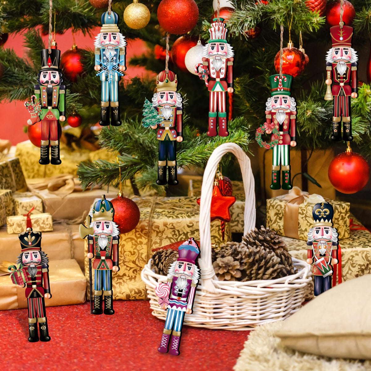 24 Pieces Christmas Nutcracker Wooden Ornaments, Wood Hanging Decoration Set for Christmas Tree Hanging 2D Printed Wood Crafts Holiday Decor Xmas Party Supplies (Xmas-Nutcracker-A)
