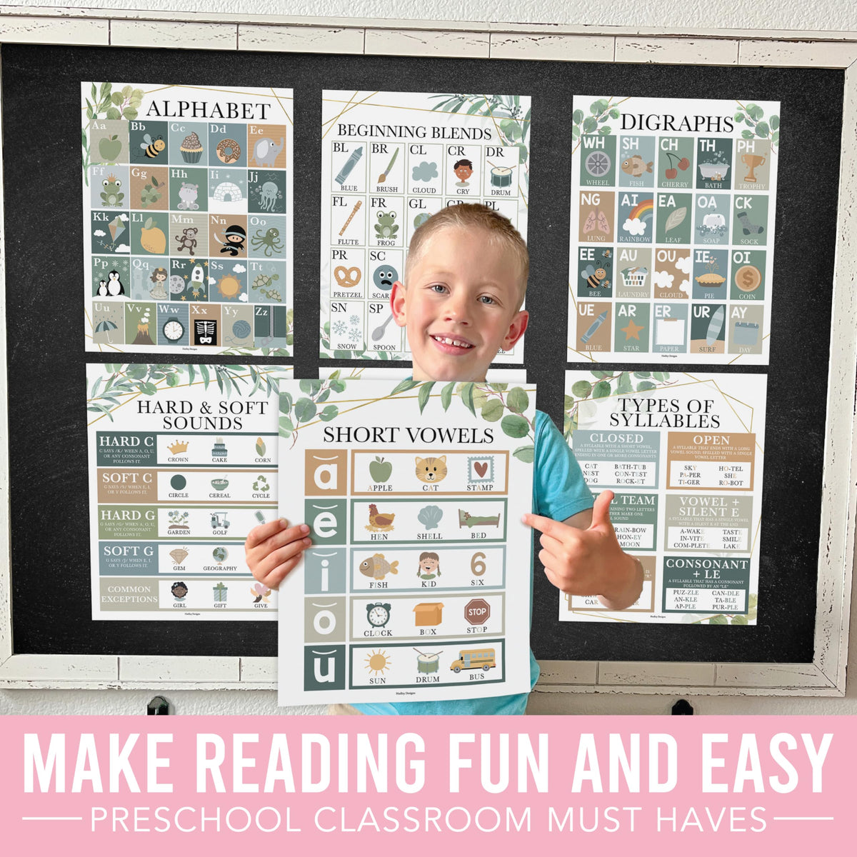 Hadley Designs Phonics Posters for Classroom Must Haves - 9 Sound Wall for Kindergarten & Elementary Teacher Supplies, Syllable, Vowels, Digraphs & Blends Bulletin Board Set, Greenery Classrom Decor