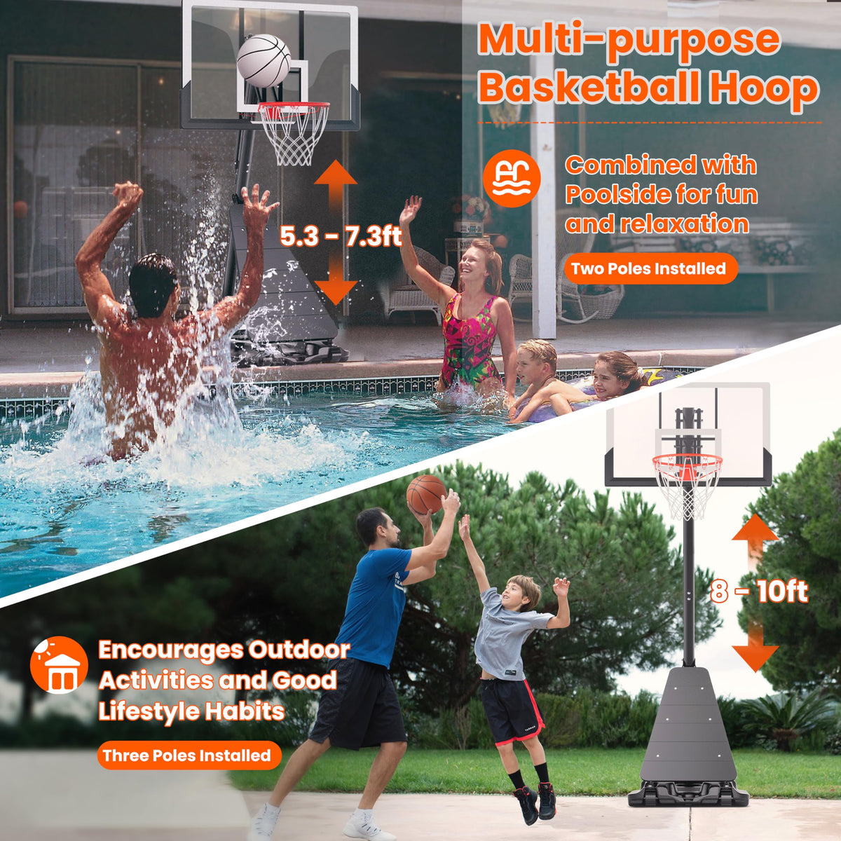 Feelwin Basketball Hoop Outdoor System with 10ft Height Adjustable, 45/48in Steel Frame Backboard Basketball Goal Court System, Portable Hoop for Youth and Adults in Driveway Backyard Pool Play