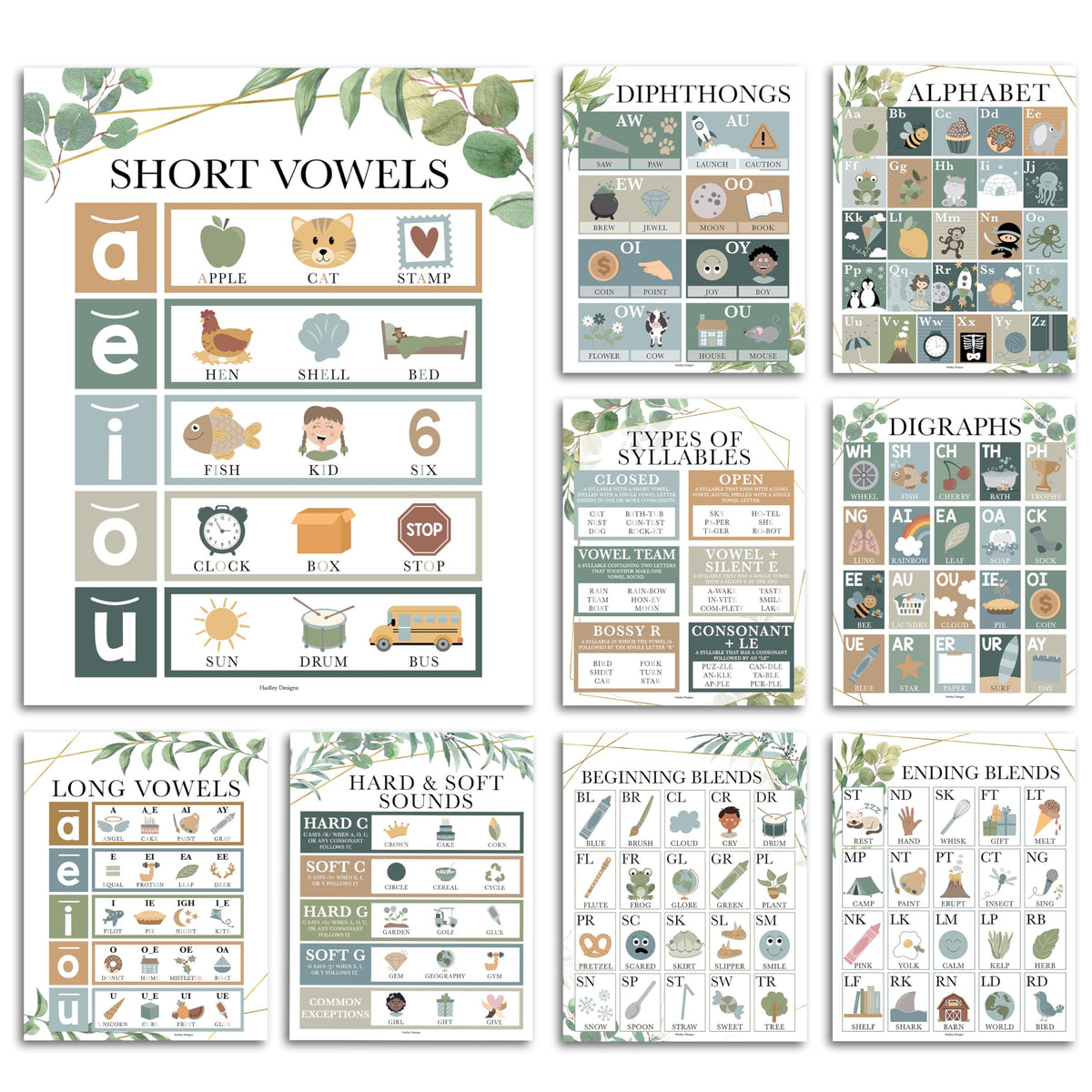 Hadley Designs Phonics Posters for Classroom Must Haves - 9 Sound Wall for Kindergarten & Elementary Teacher Supplies, Syllable, Vowels, Digraphs & Blends Bulletin Board Set, Greenery Classrom Decor