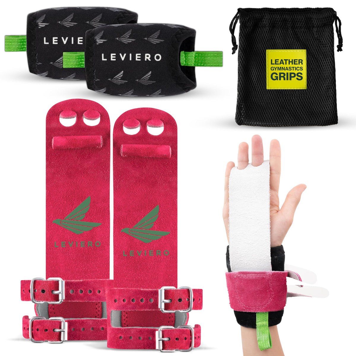 LEVIERO Gymnastics Grips Set, Grips for Gymnastics Girls, Dowel Grips with Soft Leather, Double Buckle Wrist Closure, and Adjustable Finger Holes, for All Ages - (Pink, 000)