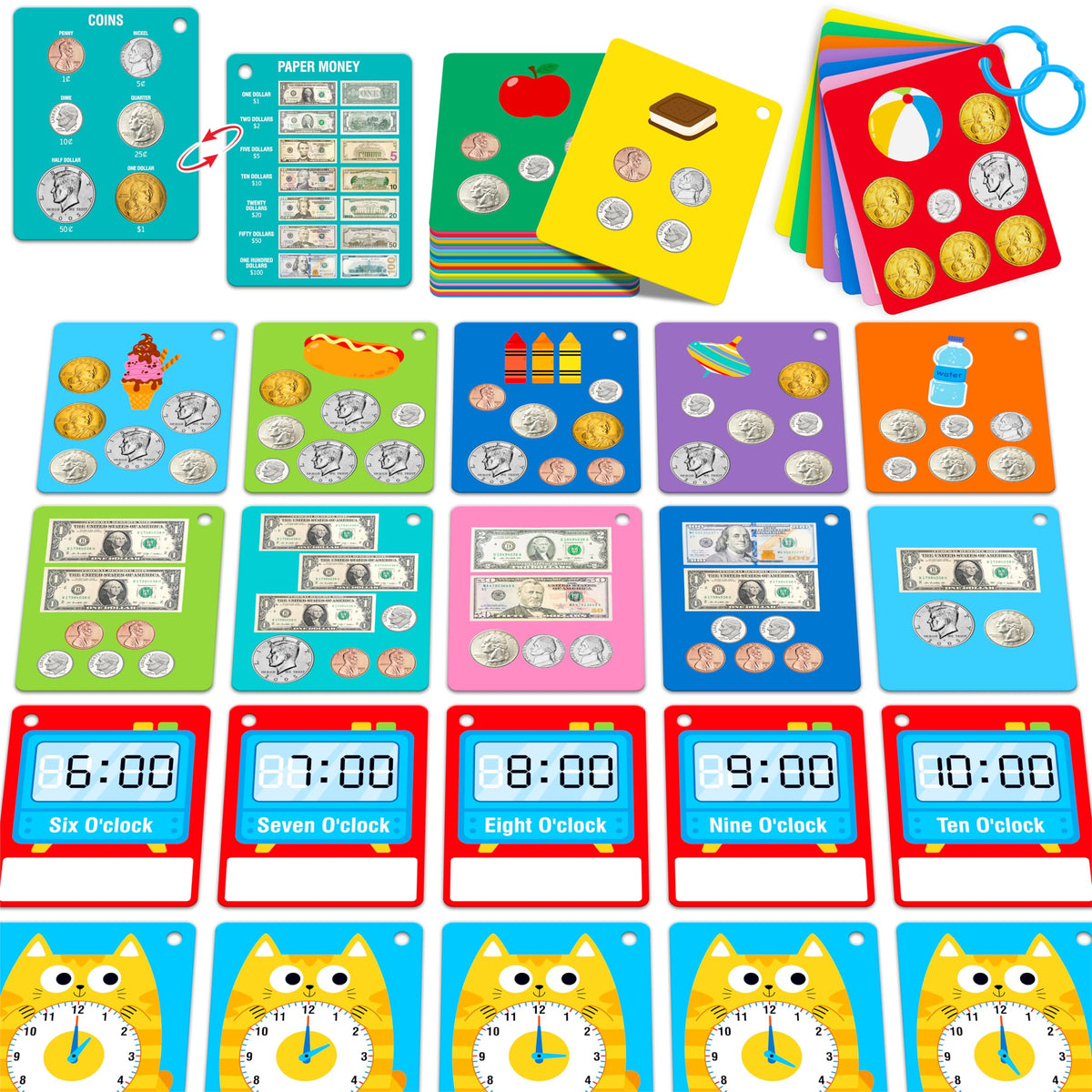 52 PCS Time & Money Flashcards, Double Sided Cognition Cards-Coin Value, Coin Combinations, Counting Coins, Telling Time, Reading Clocks, Learning Tool for Kids Ages 6+ Kindergarten Toddlers