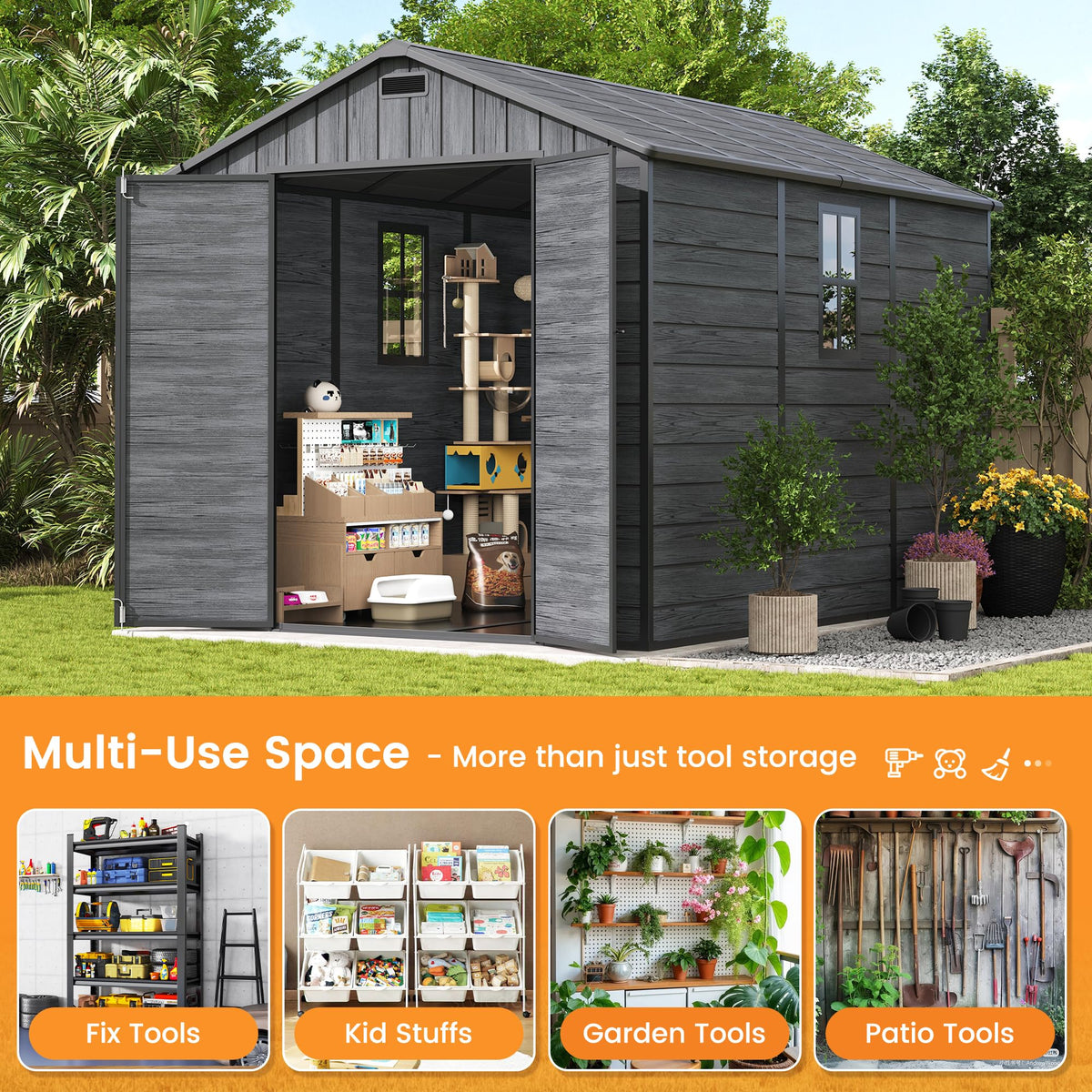 UDPATIO Outdoor Resin Storage Shed 8 x 10 FT, Plastic Storage Shed with Floor Large Outdoors Garden Tool Storage Shed Outside Clearance Shed with Lockable Door for Bike, Backyard, Patio, Dark Grey