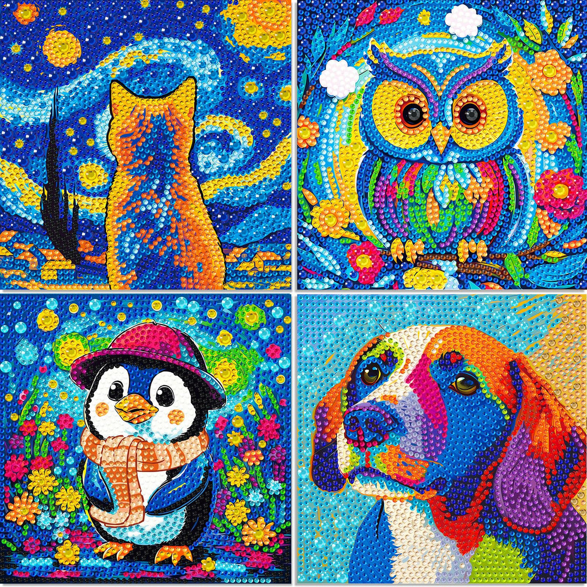 Libfx Diamond Art Kits for Kids 4 Pcs Diamond Art for Girls Boys Beginners Arts and Crafts for Kids Ages 8-12 (Dog Cat Penguin Owl)