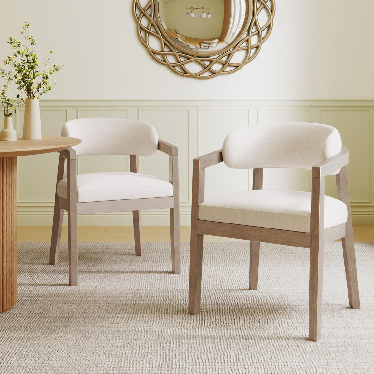 Christopher Knight Home Set of 2 Lanford Fabric Upholstered Dining Chairs, Curved Backrest Kitchen Side Chair, Soft Padded Seat&Back Cushion, Solid Wood Armchair, Ergonomic Extra Seat,Beige+Light Ash