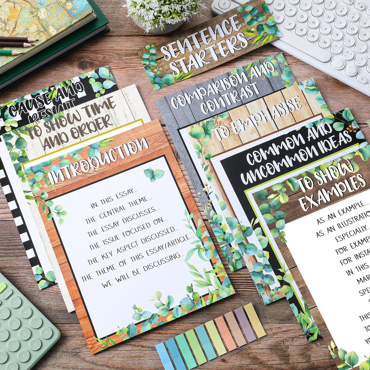Dunzoom 9 Pieces Sentence Starters Posters Descriptive Vocabulary Classroom Educational Posters English Grammar Chart Bulletin Board Decoration for Middle High School Classroom(Greenery Style)
