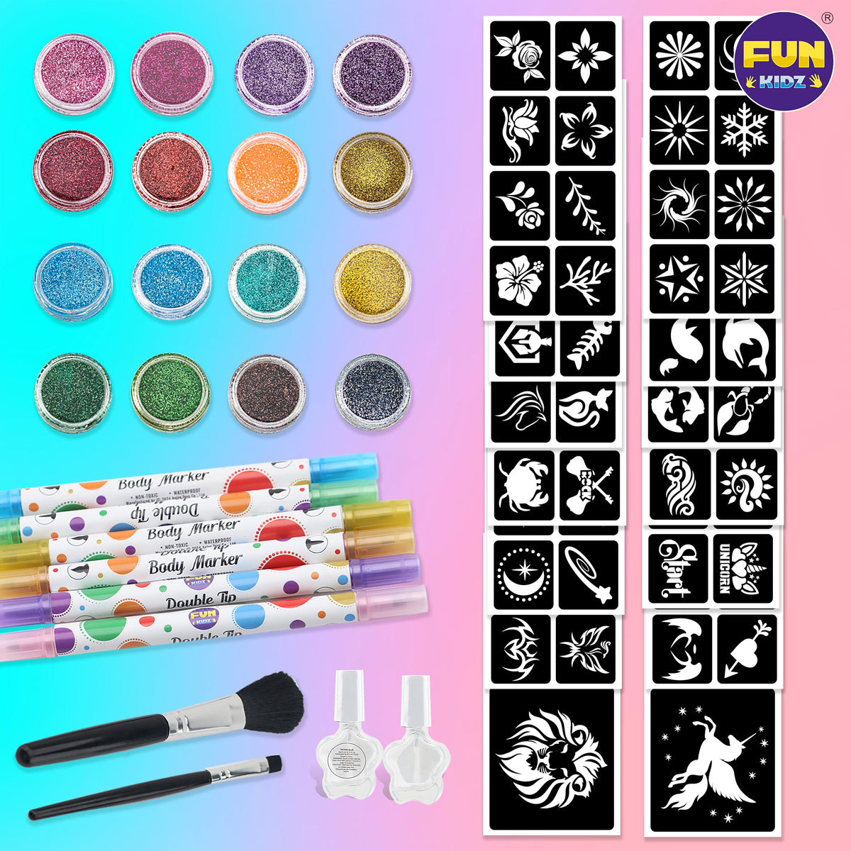 Tattoo Kit for Kids Ages 8-12, FunKidz 6 Double Tips Sparkle Brush Body Art Markers for Skin Plus Temporary Glitter Tattoo Kits With 106 Cute Tattoo Stencils Tattoo Glues Cool Presents for Tween Girls