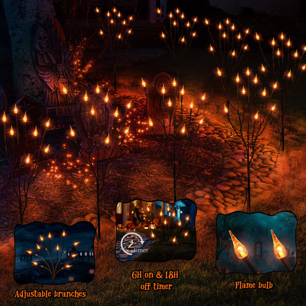 Brizled Halloween Pathway Lights, 7.54ft 3 Pack Candle Flame Orange Lights Outdoor with Timer, Battery Powered Halloween Light Waterproof Spooky Path Light for Path Yard Walkway Garden Thanksgiving