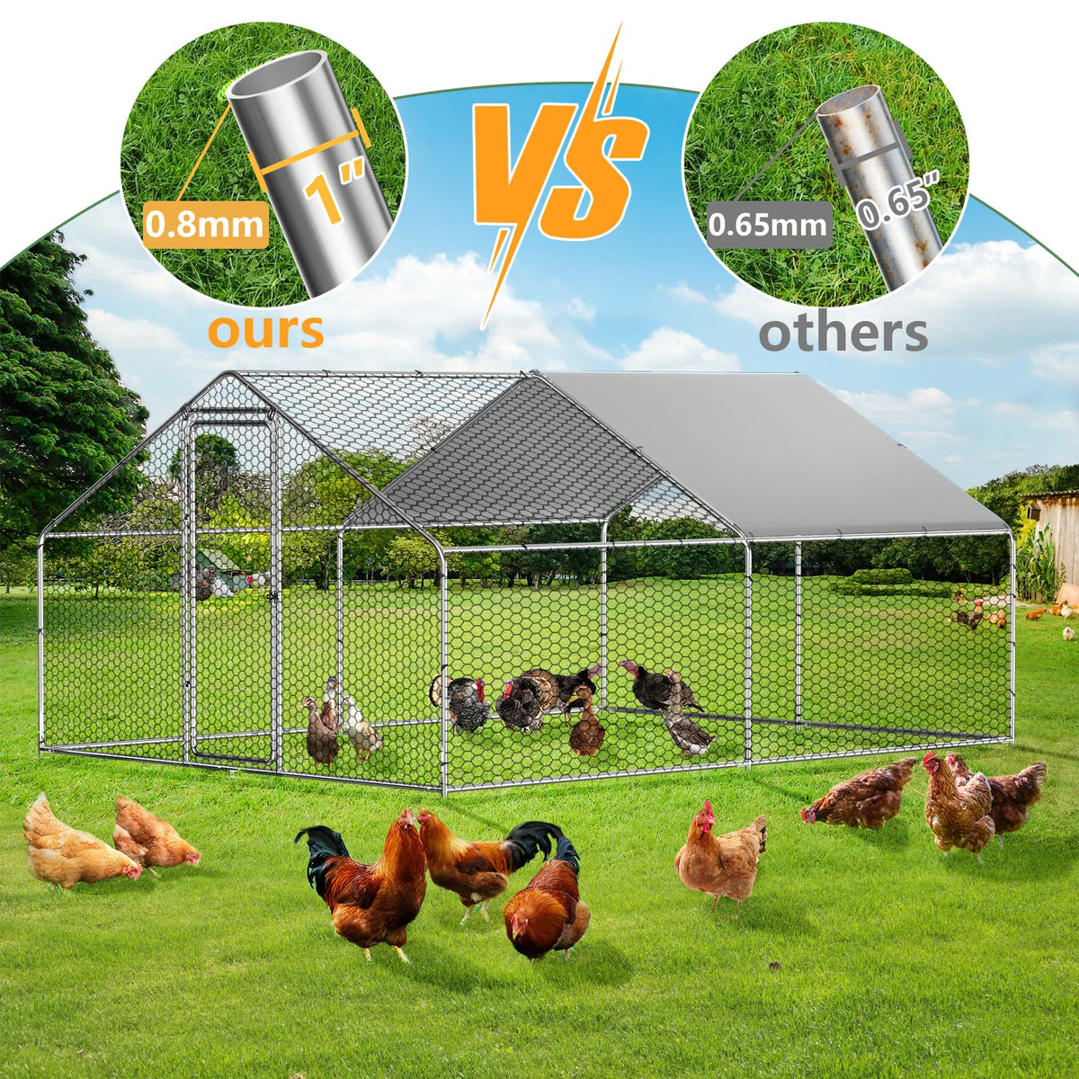ROOMTEC Chicken Coop Large Metal Chicken Run for 20-30 Chickens,Dog Kennel Outdoor with Waterproof and Anti-UV Cover Lockable Door Design(9.8'Lx19.6'Wx6.4'H)