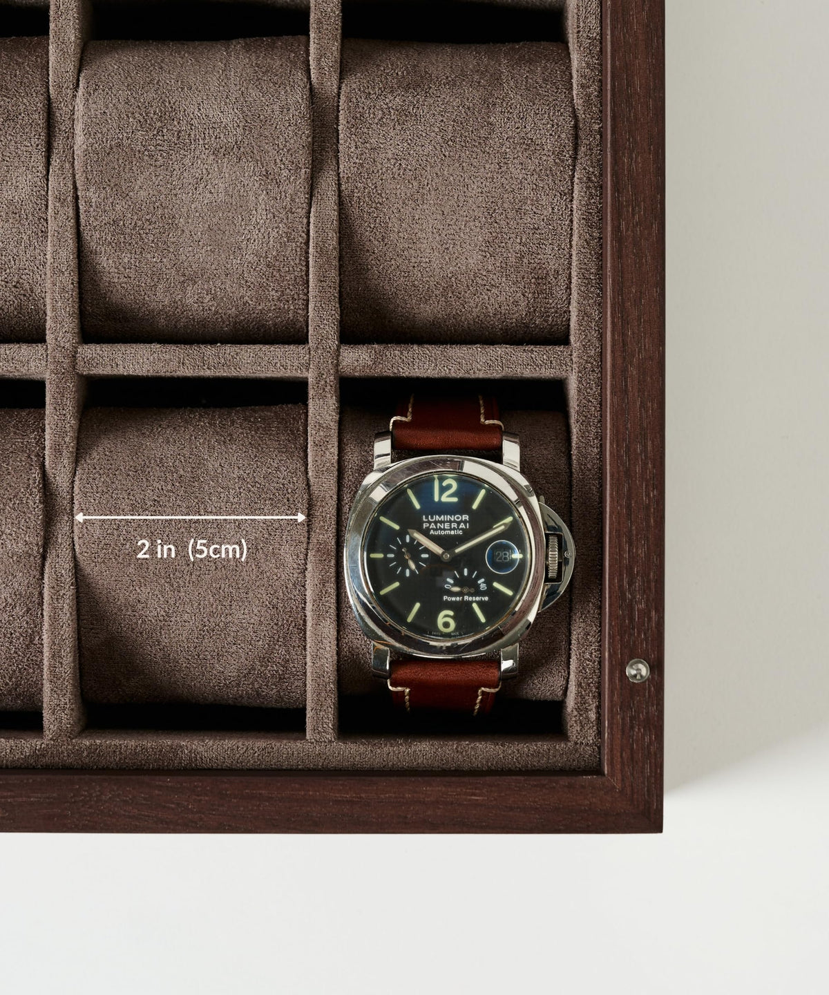 TAWBURY Wooden Watch Case - 12 Slot Wood Watch Box for Men & Women with Glass Display, Protective Fully Lined Interior and 2-inch Wide Pillows for Small & Large Watches (Dark Walnut)
