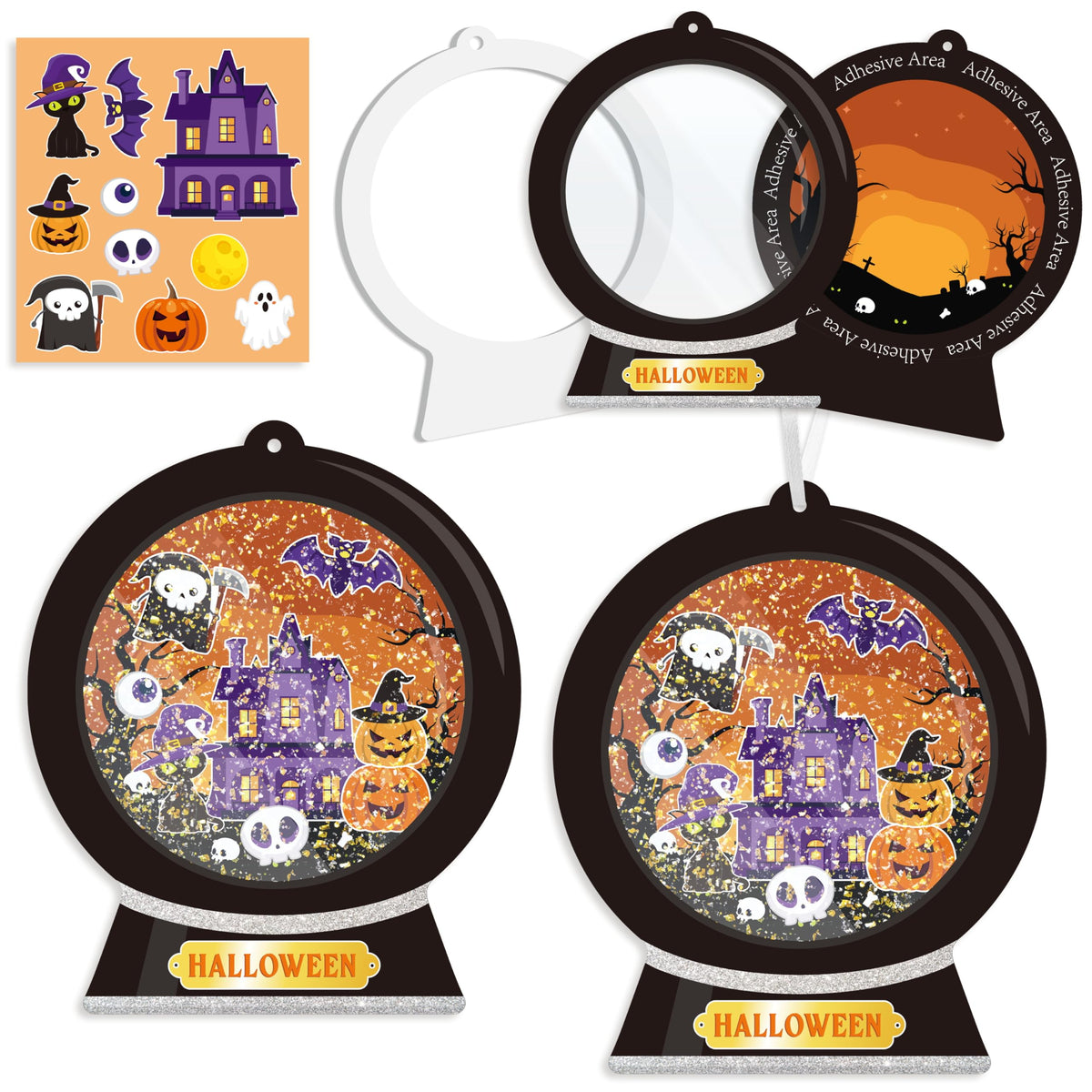 WATINC Halloween Snow Globe Craft Kit - DIY EVA Ghost Pumpkin Scene Crystal Ball Hanging Ornament with Glitter Sequins Sugar Paper, Trick-or-Treat Skeleton Black Cat Party Favor for Home School(24Pcs)