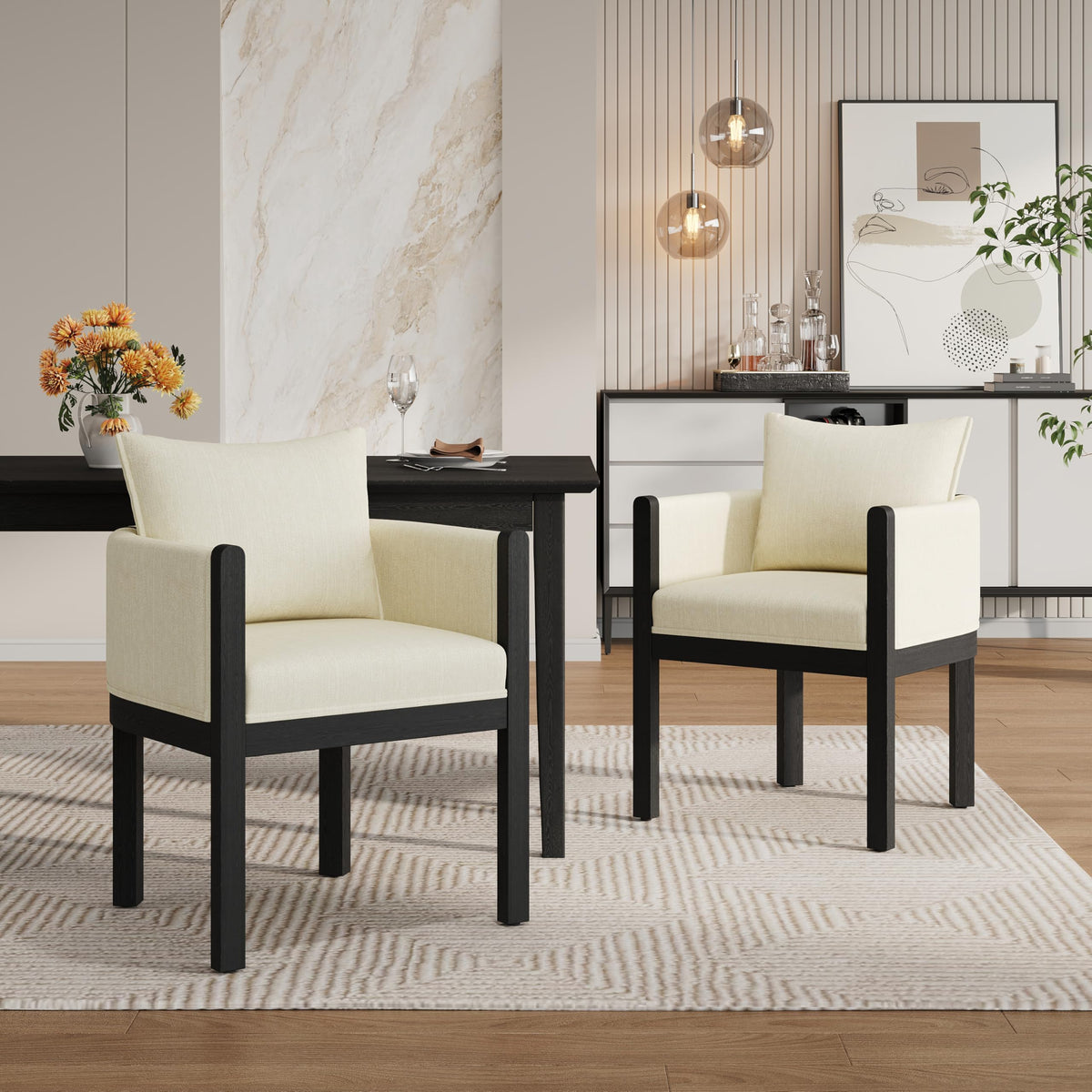 Christopher Knight Home Lucid Linen Upholstered Dining Chairs Set of 2, Rubber Wood Dining Room Chairs, Modern Armchair, Extra Seating for Dining Room, Versatile Indoor Furniture, White + Black