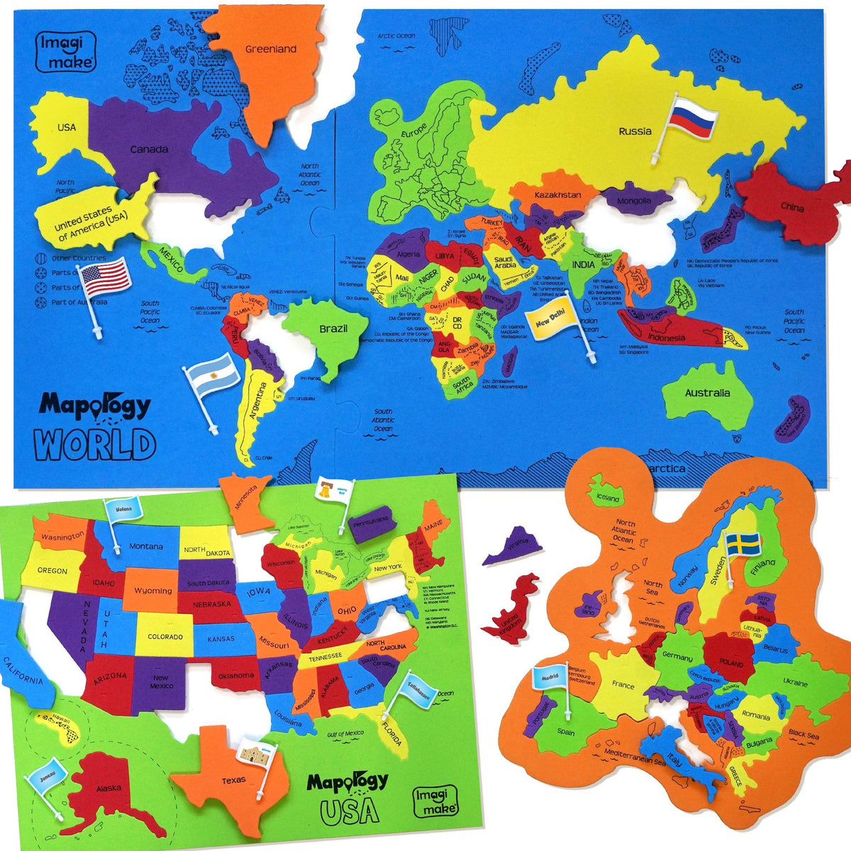 Imagimake Mapology USA & World Map Puzzle with Flags, Capitals, Stickers | Educational Toys for Ages 5-7 | Jigsaw Puzzles for Kids Ages 8-10 | Geography Toys for Age 8-13 | 6 Year Old Boy & Girl Gifts