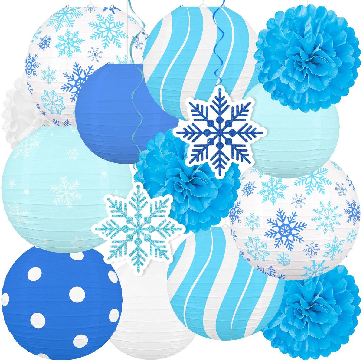 Renbuzhu 15PCS Winter Wonderland Decorations Paper Lanterns Pom Poms Hanging Swirls Christmas Holiday Hanging Decor for Home Birthday Outdoor Indoor