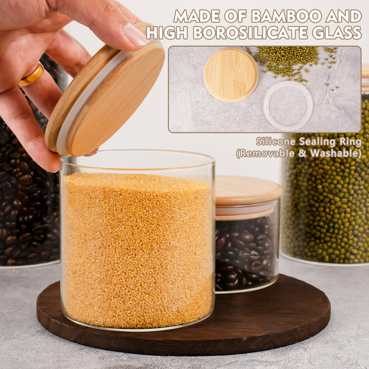 2PCS Glass Storage Jars with Airtight Lids,32 fl oz (950ml) Cute Clear Storage container with bamboo Lid,Glass Pantry Canister for Beans, Rice,Sugar,Cookie Coffee (N-Clear-2PCS-32FL OZ/950ML)