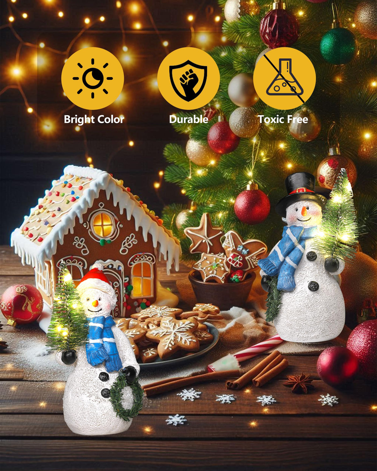 GoGnome Duo 5'' Resin Snowman Figurines with Lighted Christmas Tree Wreath - Christmas Decorations Indoor Snowman Decor Ornaments Centerpiece - Winter Holiday (Snowmen)