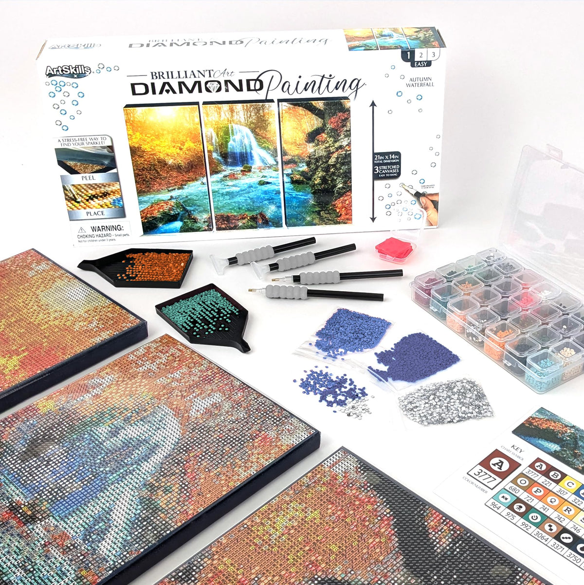 ArtSkills Diamond Painting Kit, Diamond Art on Framed Canvas with Gem Storage Case and Accessory Kit, Waterfall, 3 Stretched Canvas Panels, 14” x 7” Each