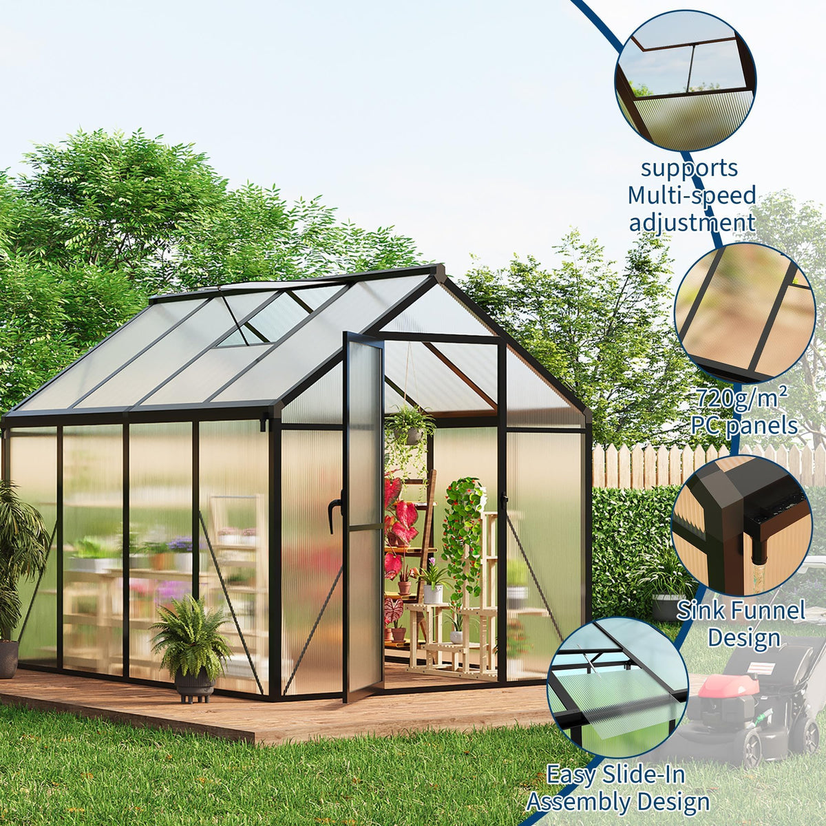 6x8 FT Greenhouse for Outdoors, Polycarbonate Greenhouse with Roof Vent, Ground Nails, Lockable Push Door, Aluminum Large Walk-in Green House for Outside Garden Backyard, Patio, Lawn, Black
