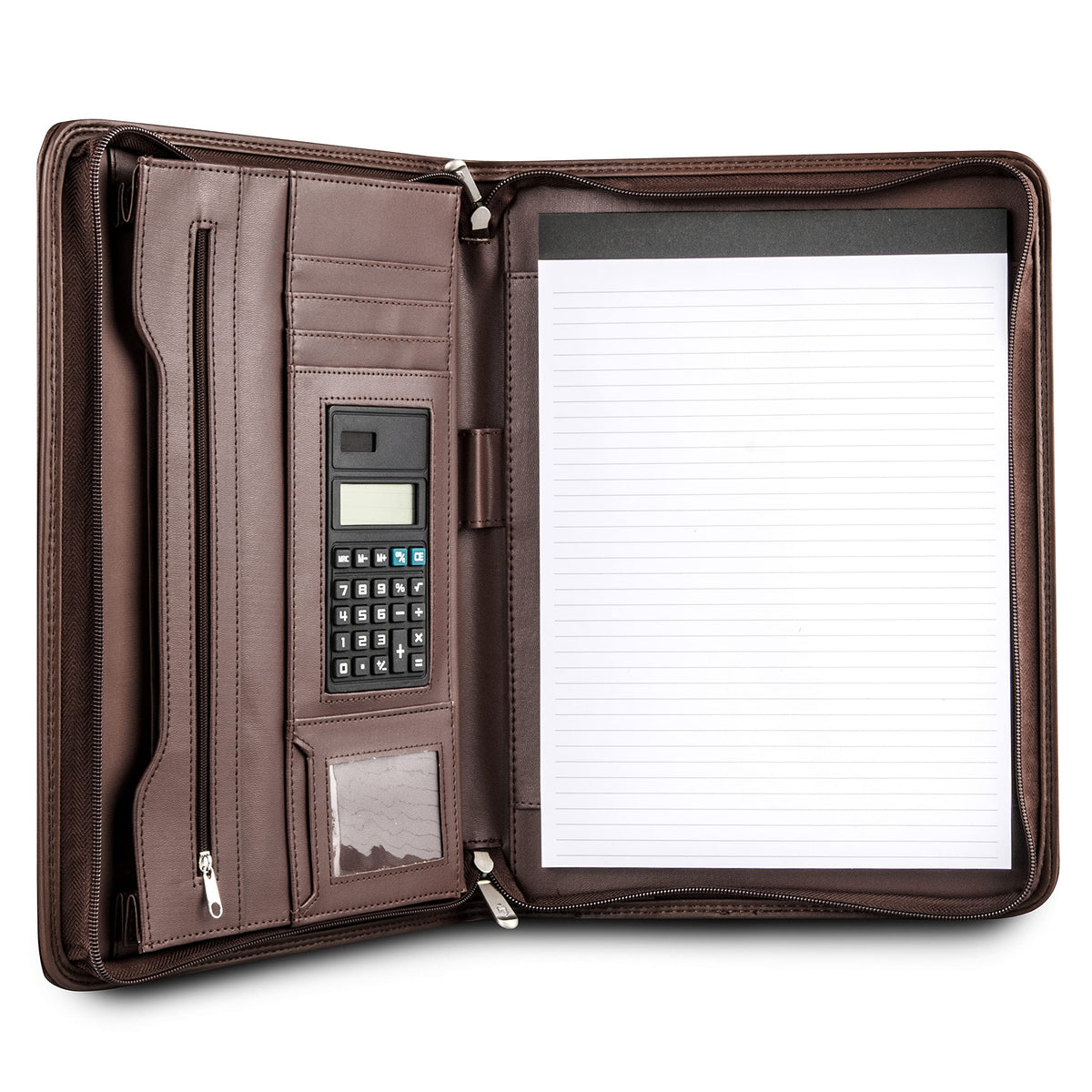 Cossini Premium Business Portfolio with Zipper – Padfolio - Superior Business Impressions Begin with PU Vegan Leather, 10.1 Inch Tablet Sleeve, Smart Storage, Solar Calculator, Writing Pad -Brown