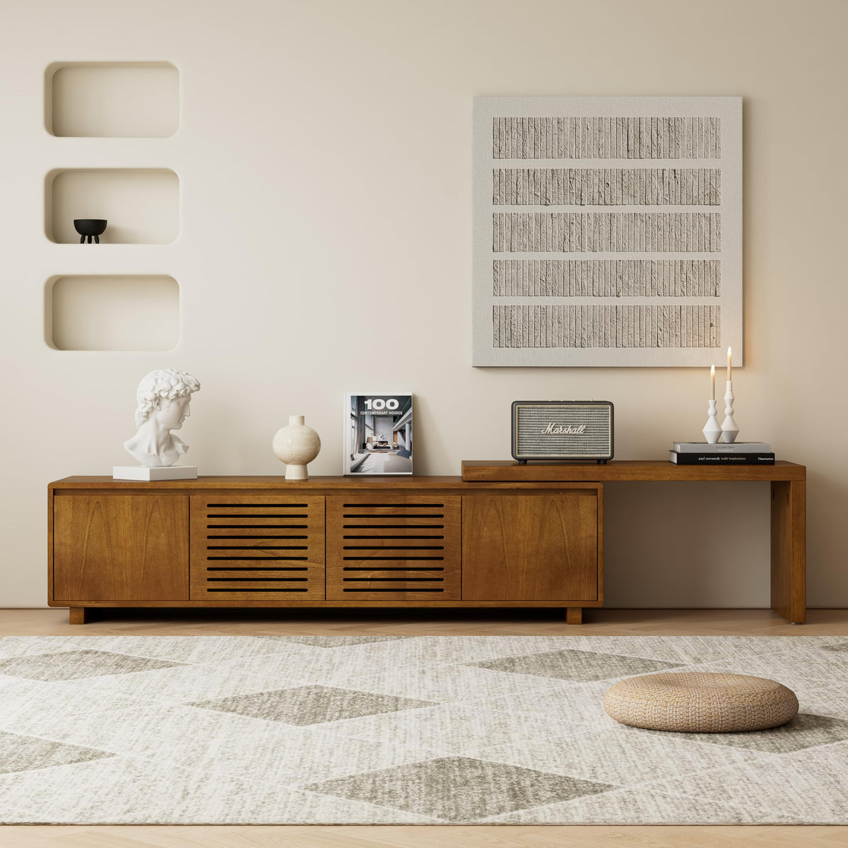 KEIKI 63" Mid-Century Modern Extendable TV Stand for TVs up to 75", Adjustable Entertainment Center with Storage, Farmhouse Media Console Cabinet with Fluted Wood Grain Design, Brown