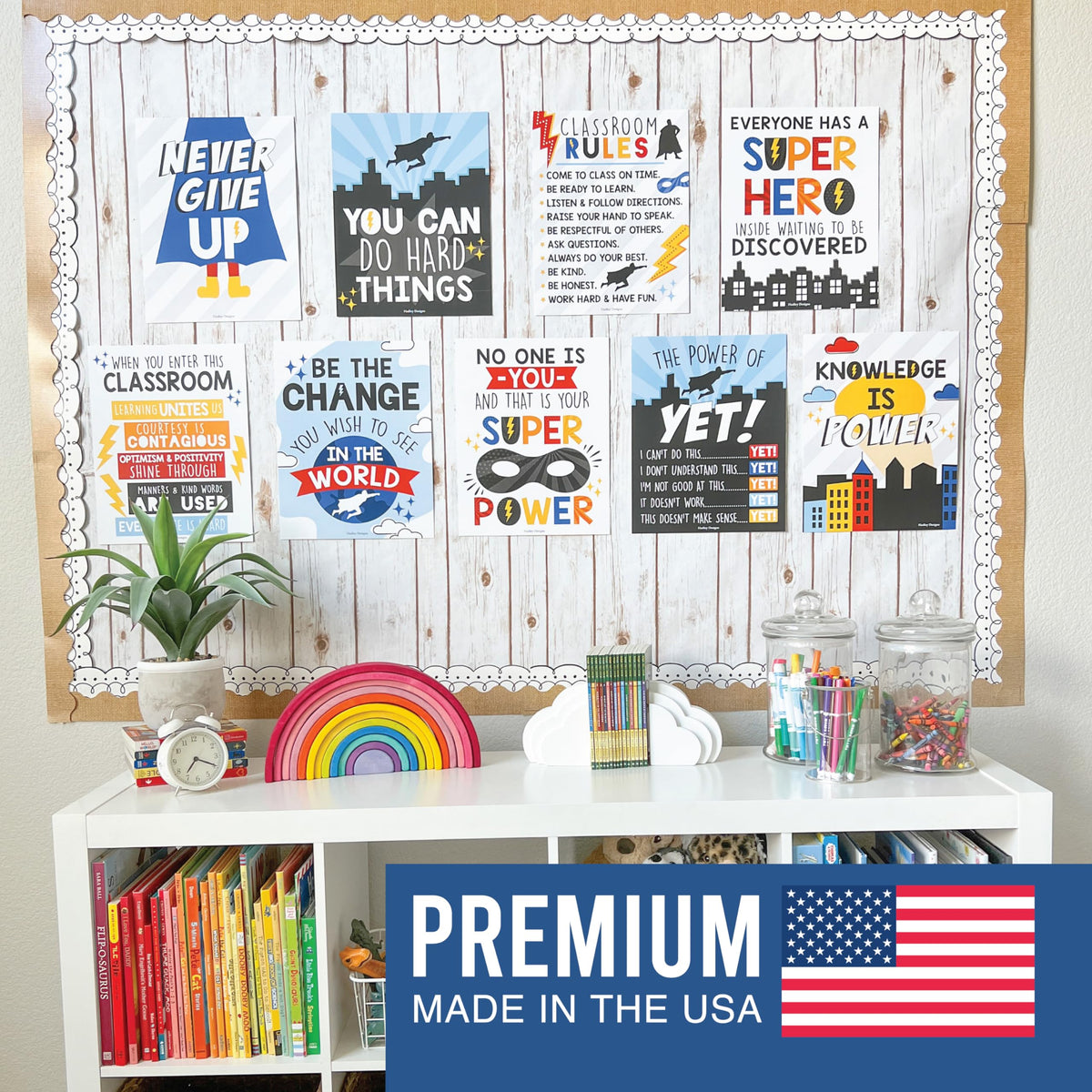 Hadley Designs Motivational Poster for Classroom Decor - 9 Growth Mindset Classroom Posters Elementary, Inspirational Wall Decor Middle School, Teacher Must Haves, Superhero Bulletin Board Decorations