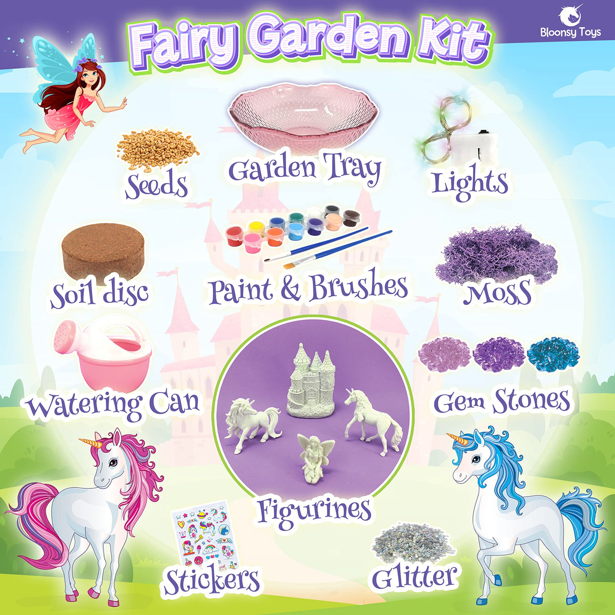 Bloonsy Unicorn Fairy Garden Kit | Light Up Terrarium Kit | STEM Toys | Arts and Crafts for Girls Age 4-12 | Science Presents
